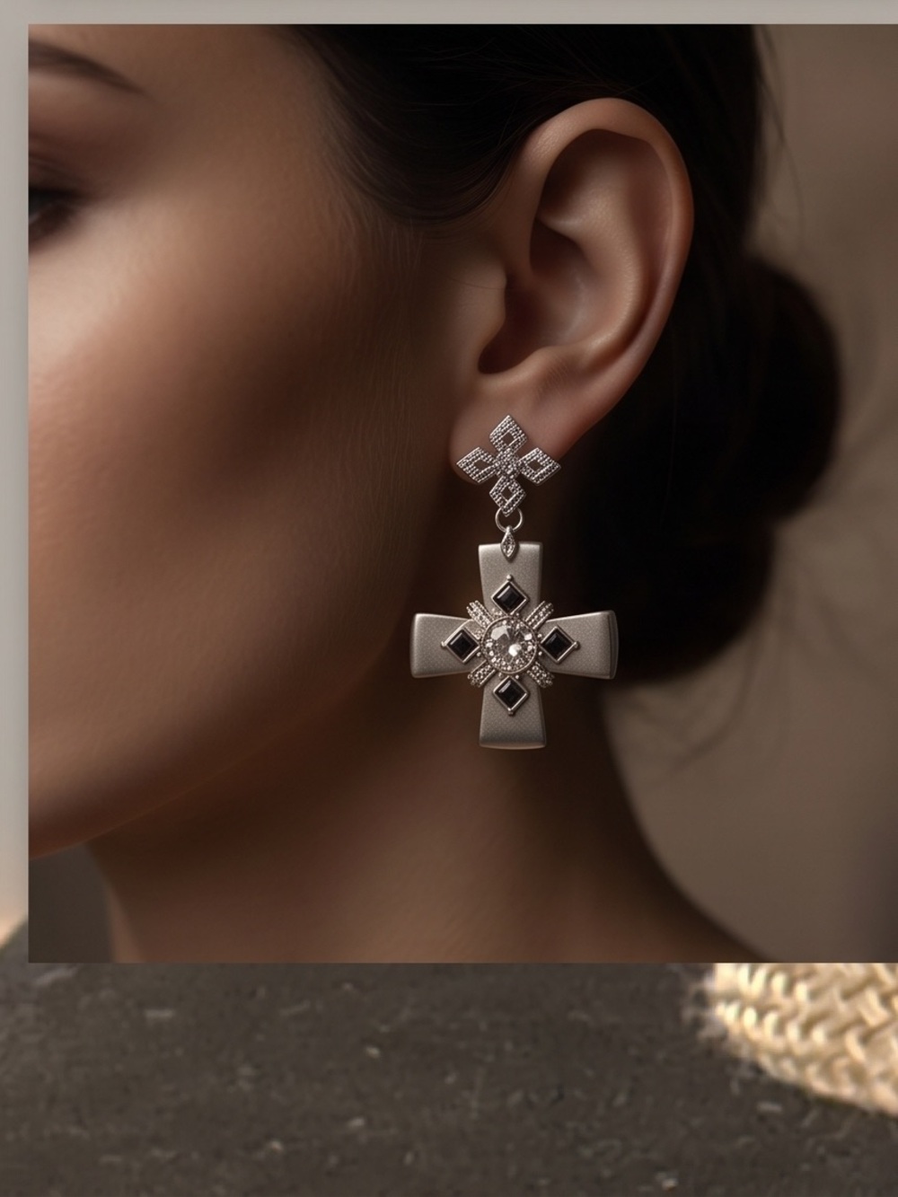 Silver Cross Drop Earrings with Black Accents